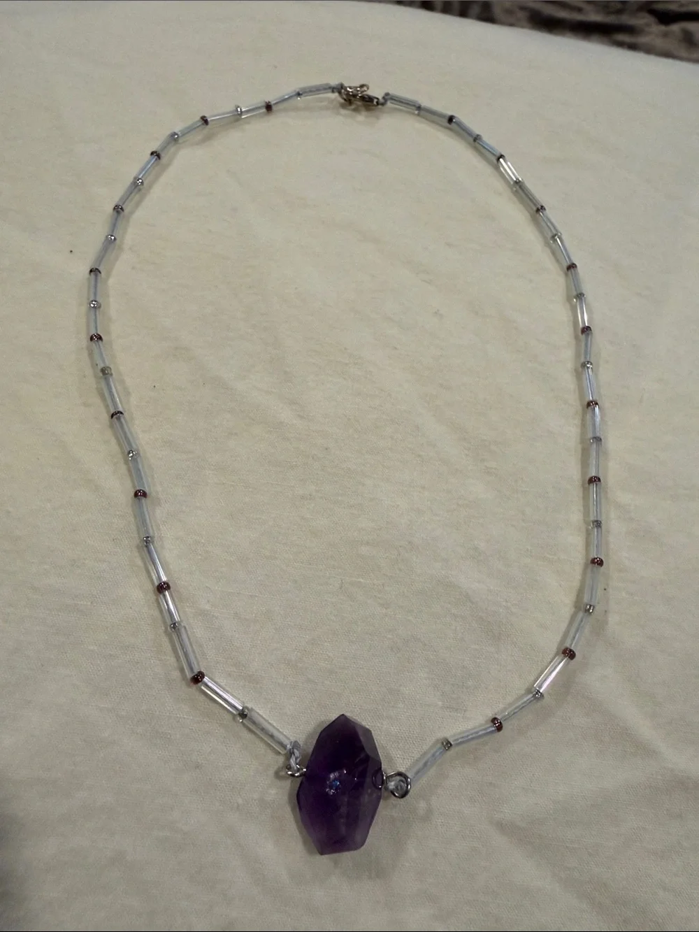 Purple Amethyst Pendant Beaded Choker Necklace - 925 silver clasp